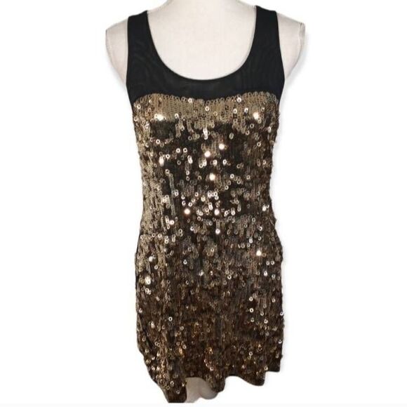 EXPRESS BLACK & GOLD SEQUIN SHIFT DRESS SZ.S EUC. - Picture 2 of 9